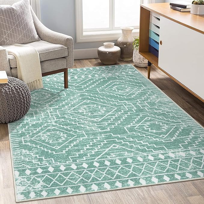Wonnitar Moroccan Sage Green Area Rugs 5x7, Washable Rugs Non-Slip Soft Large Rug for Bedroom, Non-Shedding Farmhouse Stain Resistant Floor Carpet for Bedside Playroom Dining Room (Mint Green,5'x7')