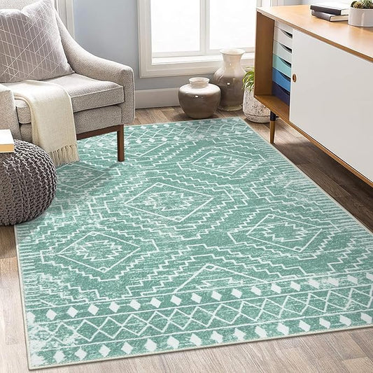 Wonnitar Moroccan Sage Green Area Rugs 5x7, Washable Rugs Non-Slip Soft Large Rug for Bedroom, Non-Shedding Farmhouse Stain Resistant Floor Carpet for Bedside Playroom Dining Room (Mint Green,5'x7')