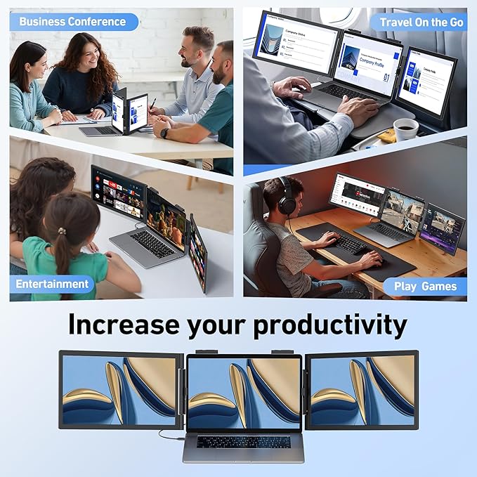 Pornitor Laptop Screen Extender, 14’’ FHD 1080P Triple Portable Monitor for Laptop with Ultra-Slim IPS Display, USB-C Plug and Play Multi Screen Attachment for 14"-16.5" Laptops