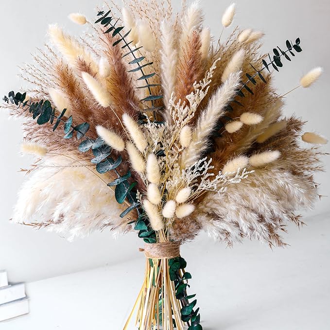 Dried Flower Bouquet - Pampas Grass, Bunny Tails, Olive Green Eucalyptus & Preserved Flowers - Boho Chic Home Decor, Rustic Wedding Centerpiece, Farmhouse Style Arrangement, Long-Lasting Gift