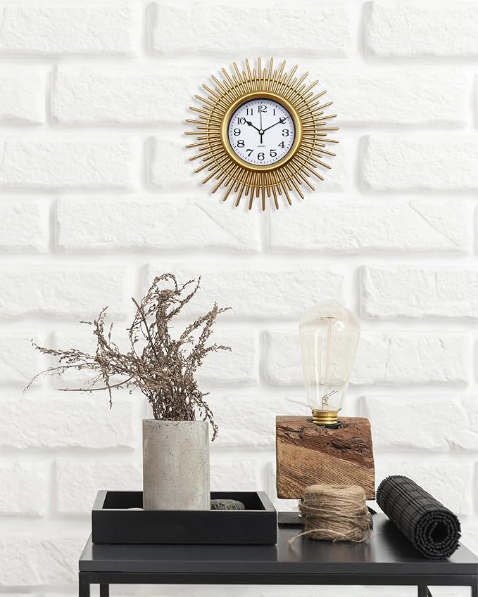 Gold Sunburst Wall Clock Battery Operated Aanlog, 10 Inch Modern Boho Decorative Wall Clock for Living Room, Bedroom, Kitchen, Office, Bathroom, Farmhouse