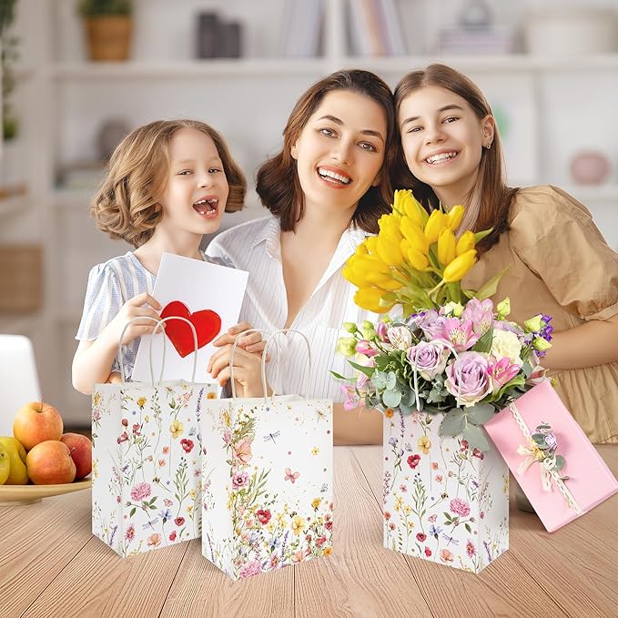 Lofaris 16PCS Wildflower Gift Bags - Floral Paper Bag with Handles, Small Wedding Party Favor Bag, Floral Gift Bags for Baby Shower, Bridal Shower, Birthday