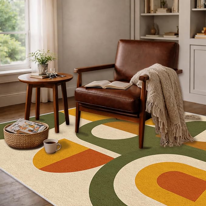 Mid Century Area Rug 3x5, Home Decor | Olive Mustard Bauhaus Circle, Retro Geometric Rug for Living Room, Bedroom, Home Office, Non Slip, Washable, Low Pile