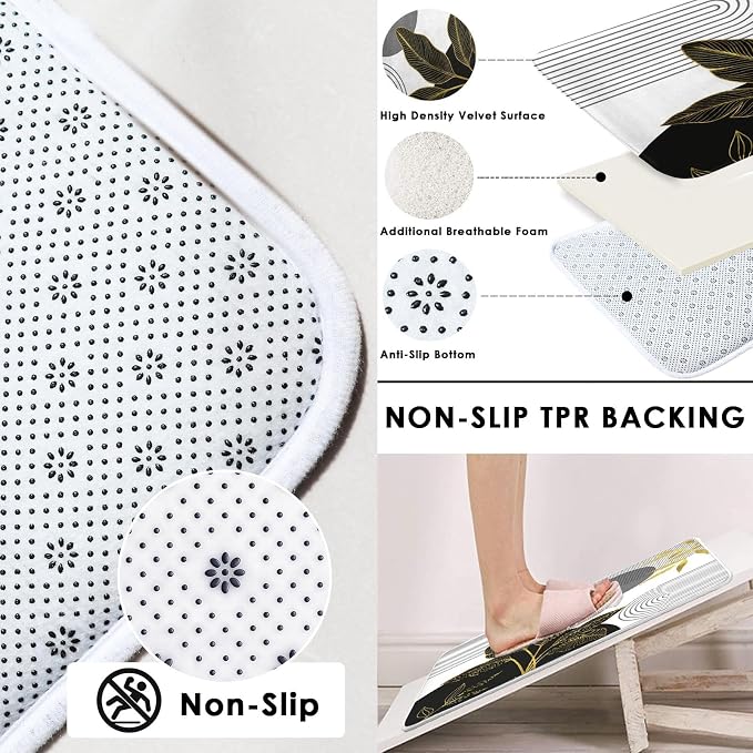 Boho Grey and Gold Shower Curtain Set with Toilet Lid Cover and Non-Slip Rugs, Mid Century Modern Abstract Minimalist Leaves Neutral 4 Pcs Shower Curtain for Bathroom Set with 12 Hooks
