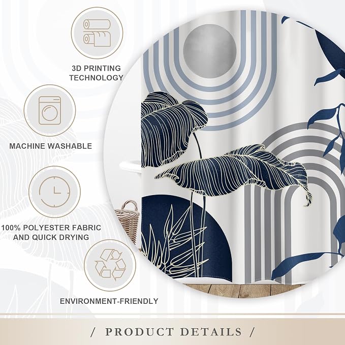 Glawry Mid Century Abstract Shower Curtain Blue Grey Boho Palm Tree Leaf Sun Arch Minimalist Geometric Bathroom Modern Aesthetic 60Wx72L Inches Bath Accessories Art Home Decor Fabric 12 Pack Hook