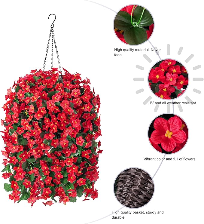 HyeFlora Artificial Fake Red Hanging Flowers Plants Basket for Outdoor Outside Winter Christmas Decor, Faux Silk Daisy Flower Look Real UV Resistant Orchid Vine Plant for Porch Garden Yard Patio Home