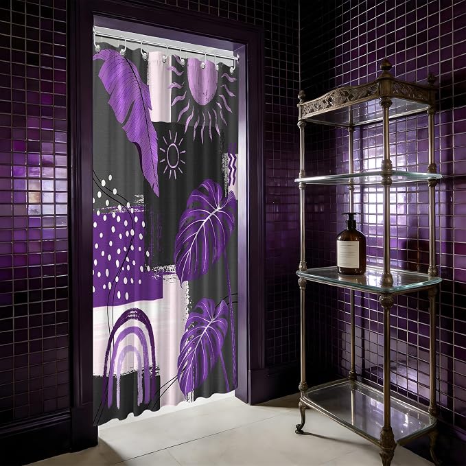 Small Stall Narrow Shower Curtain Purple and Gray Stand Up Dark Purple and Grey Abstract Shower Curtains for Rv Camper Bathroom Decor Sets, Waterproof Cloth Fabric with Hooks, 36 x 72 Inch