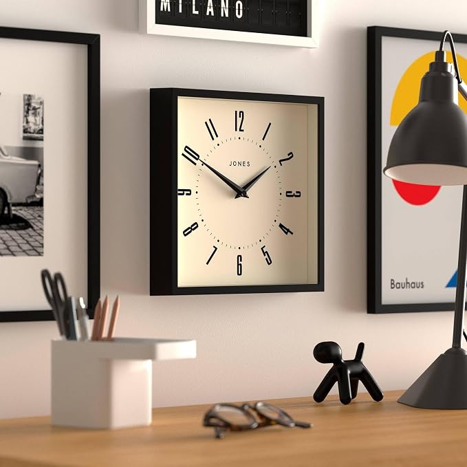 JONES CLOCKS® Box wall Clock | Retro Square | 10 inch | Black | Easy to Read Numbers | Perfect Kitchen or Office Clock