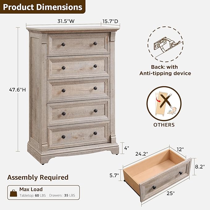 T4TREAM Farmhouse 5 Drawers Dresser for Bedroom, 47" Tall Wood Rustic Chest of Drawers, Vintage Design with Metal Handle, Light Rustic Oak