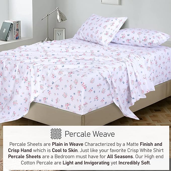 RUVANTI 100% Cotton King Size Sheets Set, 4 Pieces, Soft & Breathable Percale Weave Bedding, Deep Pocket 16", Hotel Standard, Crisp Cool Feel, Durable, Perfect Floral Bed Sheet, Funa Flora