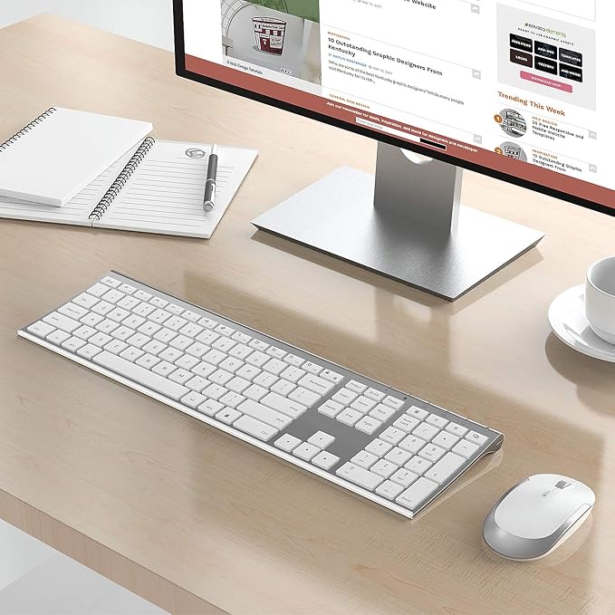 Wireless Keyboard and Mouse, Vssoplor 2.4GHz Rechargeable Compact Quiet Full-Size Keyboard and Mouse Combo with Nano USB Receiver for Windows, Laptop, PC, Notebook-White Silver