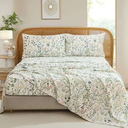 100% Cotton Sheet Set King Size – 4-Piece Vintage Green Garden Floral Bedding Set, Soft Breathable Percale Weave, Deep Pocket Fitted Sheet 17.5", Crisp Cool Feel, Refined Botanical Elegance