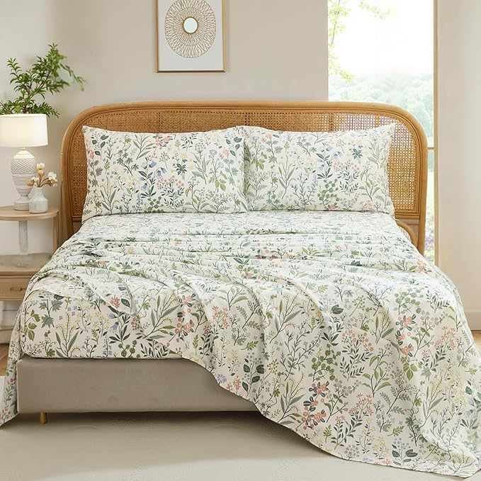100% Cotton Sheet Set Queen Size – 4-Piece Vintage Green Garden Floral Bedding Set, Soft Breathable Percale Weave, Deep Pocket Fitted Sheet 17.5", Crisp Cool Feel, Refined Botanical Elegance