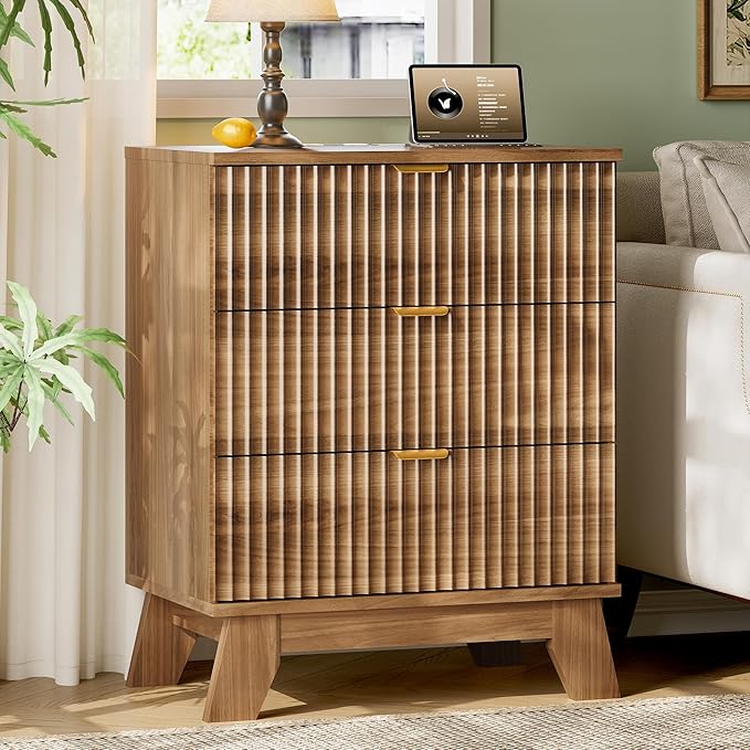 Fluted Nightstand with Charging Station, 24" Wide Bedside Table with 3 Large Storage Drawers, Modern Wood Side Table Night Stand, End Table Small Dresser for Bedroom, Living Room, Dorm, Walnut