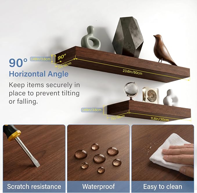 Floating Shelves for Wall, Bathroom Shelves Over Toilet, Wall Shelves & Book Shelf for Room, Hanging Shelf, Modern Wooden Mounted Floating Shelves, 24x7x1.5 in (Walnut-Like, Set of 3)