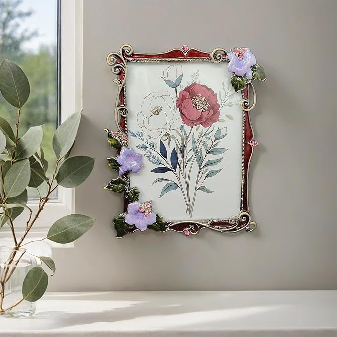 Vintage Floral Picture Frame Luxury Unique Ornate Antique 4X6 Photo Frame of HD Glass for Tabletop/Wall Display Gifts for Women (Retro Purple Flowers with Red Edges)