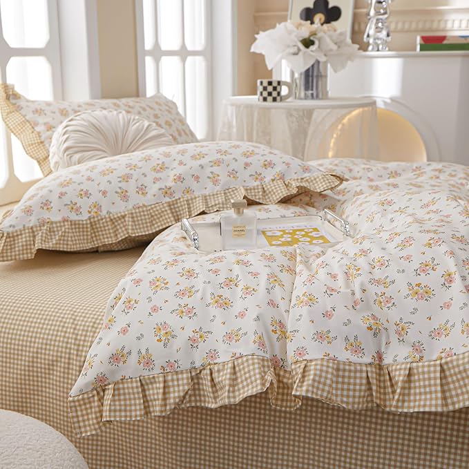 EAVD Cotton Duvet Cover King Size Floral Ruffle Duvet Cover Set Garden Style Yellow Pink Floral Pattern Duvet Cover with Zipper Closure Aesthetic Floral Comforter Cover with 2 Pillowcases