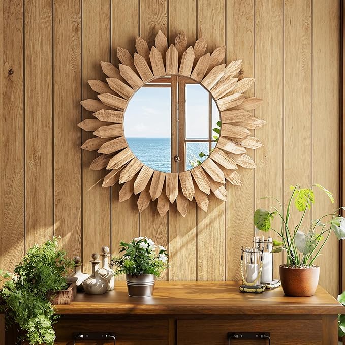 Boho Wood Sunburst Round Wall Mirror, 20 Inch Rustic Circle Wooden Frame Decorative Mirror for Farmhouse Coastal Home, Home Wall Decor for Living Room Entryway Bedroom, Light Wood