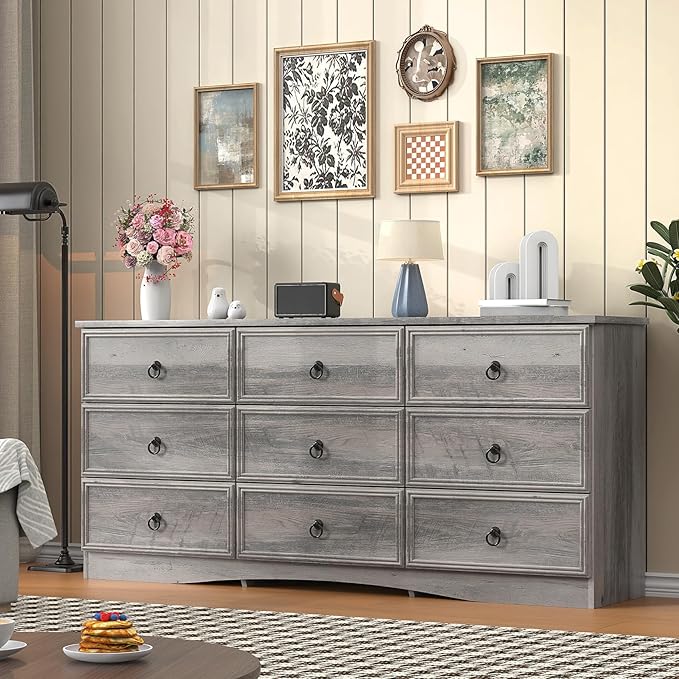 9 Drawer Dresser for Bedroom, 63'' Grey Chest of Drawers Wood, Large Storage for Clothes, Vintage Design, for Living Room, Bedroom, Hallway
