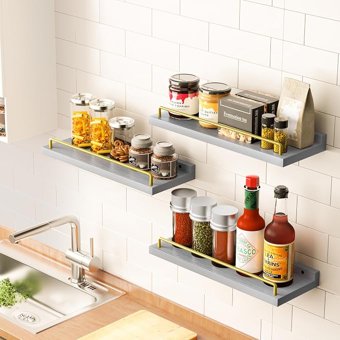 RYOFOBETTO Floating Shelves for Wall Decor, Grey and Gold Shelves for Bathroom, Living Room, Bedroom, Picture Frames, Plants, Kitchen (Set of 3)