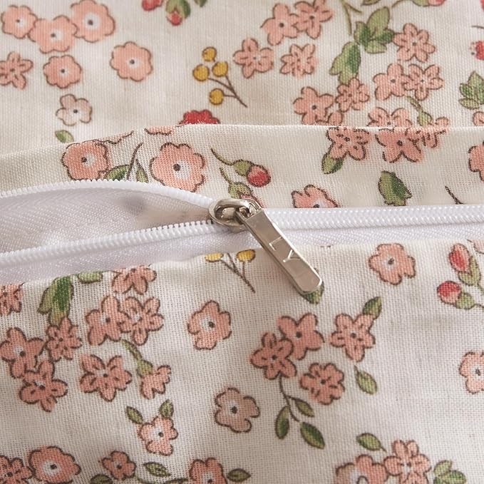 VM VOUGEMARKET Girls Duvet Cover with Pink Red Flower Pattern 100% Cotton Elegant Floral Bedding Set Queen Cottagecore Comforter Cover Set with Ruffle Pillowcases(3 pcs,90x90 Inch)