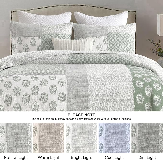 PANGUSHAN Quilt Set King Size, 100% Cotton Bedspread Quilt Bedding Set, Patchwork Reversible Floral Quilt for King Bed, Greyish-Greens Bed Spread, Lightweight Comforter for All Season, 3 Pieces