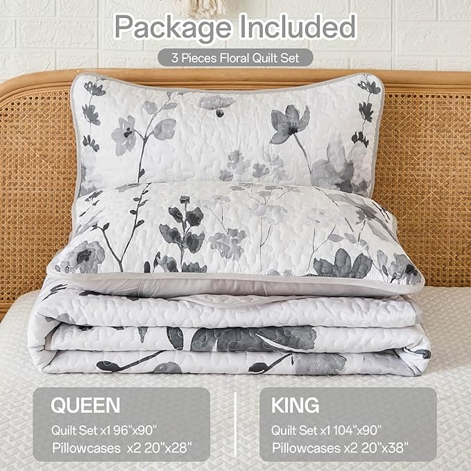 Anibedding Grey Quilt Set Queen, Floral Bedspread Soft Microfiber Lightweight Queen Size Quilt Bedding Sets Flower Coverlet for All Season(Queen, 96"x90")
