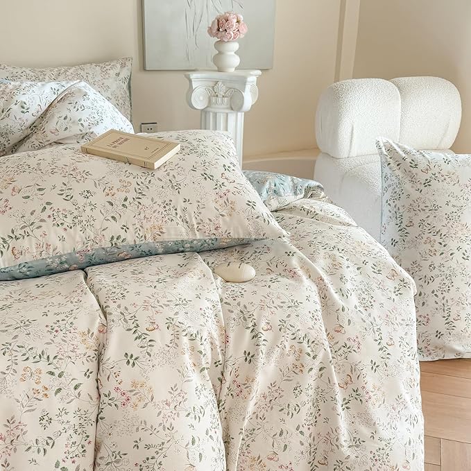 EAVD Garden Vibrant Floral Duvet Cover Full White Soft 100% Cotton Chic Shabby Spring Floral Bedding Set with 2 Pillowcases Reversible Botanical Print Duvet Cover with Zipper Closure