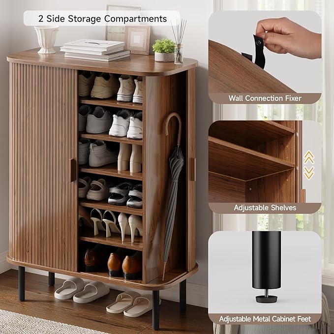 ONBRILL 6-Tier Shoe Cabinet with Sliding Door, Wooden Shoe Storage Cabinet with Adjustable Shelves, Mid-Century Modern Freestanding Shoe Storage Organizer for Entryway, Hallway, Living Room, Walnut
