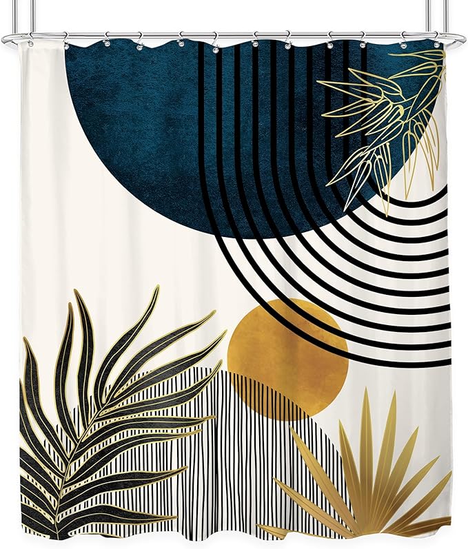KOMLLEX Mid Century Blue Boho Shower Curtain 60Wx72L Inches Abstract Modern Blue Shower Curtains for Bathroom Decor Plant Botanical Minimalist Arch Sun Fabric Liner Waterproof Polyester 12 Pack Hooks