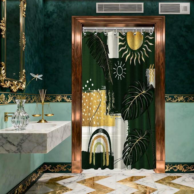Small Stall Narrow Green and Gold Shower Curtain Boho Stand Up Abstract Shower Curtains for Rv Camper Bathroom Decor Sets, Waterproof Cloth Fabric with Hooks, 48 x 72 Inch