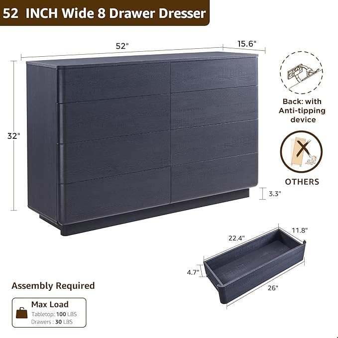 JXQTLINGMU 8 Drawer Dresser for Bedroom, Modern Push-to-Open Chest of Drawers, Large Wood Storage w/Curved Profile & Handleless Design, 52" Wide Dresser TV Stand for Bedroom, Living Room, Black