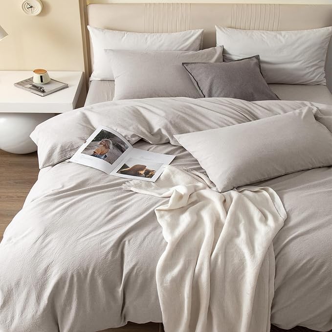 JIYUAN 100% Washed Cotton Duvet Cover Set 3 Pieces Queen, 1 Duvet Cover 90x90 Inches(Comforter Not Included) and 2 Pillowcases,Linen Feel Bedding Set Comfy and Breathable, Heathered Cream Grey