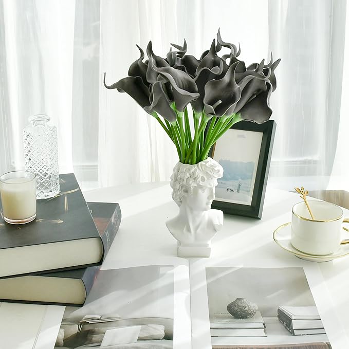 Mandy's PU Dark Grey Calla Lily Artificial Flowers 20 Stems 13.5in Faux Realistic Centerpiece for Thanksgiving and Christmas Decorations DIY Bridal Bouquet Home Décor