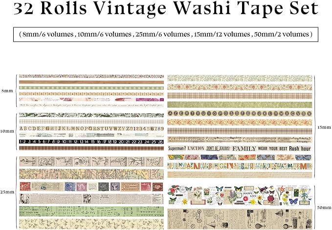 Bomichi 32 Rolls Vintage Washi Tape, Aesthetic Colored Decorative Cute Scrapbook Tape for Scrapbooking Supplies Journaling Craft Junk Journal