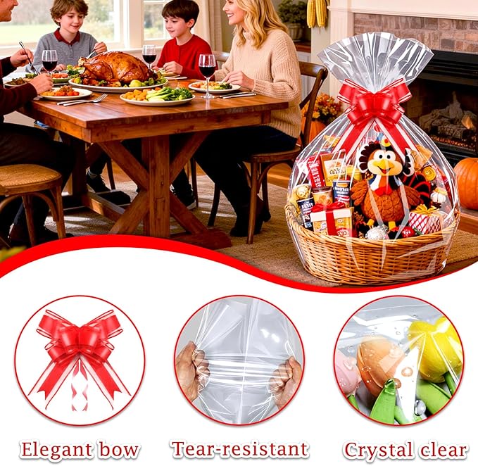 PigPotParty 30"x40" Clear Cellophane Gift Bags - Includes Bows – 10 Pack Large Cellophane Wrap for Gift Baskets, Plastic Gifts Bags for Gift Giving