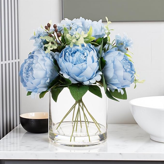 ENOVA FLORAL Artificial Flower Arrangement with Vase,Mixed Artificial Fake Silk Peony Flower in Vase for Decoration Home Office, Wedding Centerpiece (Blue01)