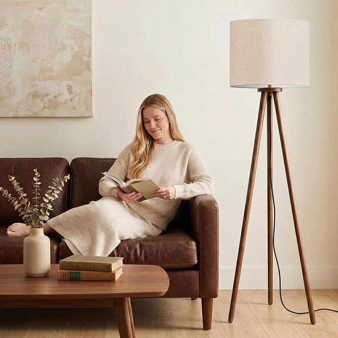 Buruis 60.6" Solid Wood Tripod Floor Lamp with 15.7" Large Linen Shade, Mid-Century Walnut Finish Standing Lamp for Living Room, Bedroom, Office, Corner, UL Listed, Bulb Not Included, Beige