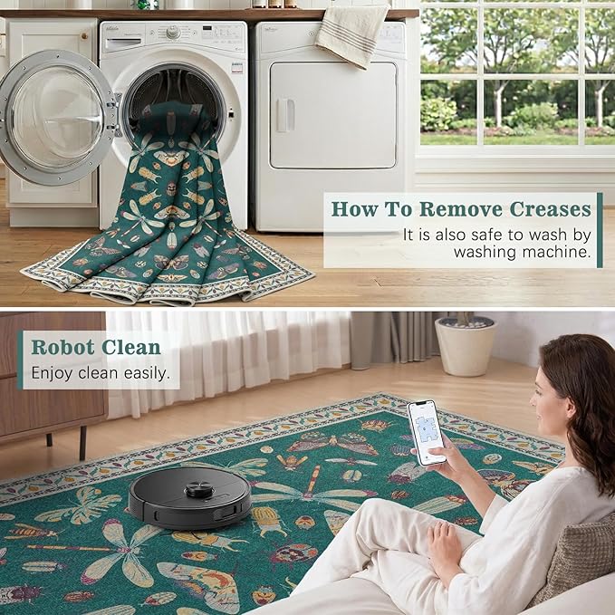DCX 5x7 Washable Insect Rug, Vintage Gothic Deep Teal Rug with Non-Slip Rubber Backing, Soft Low-Pile, Stain-Resistant, Kid & Pet Friendly, for Living Room, Bedroom, Office, and Nature-Themed Decor