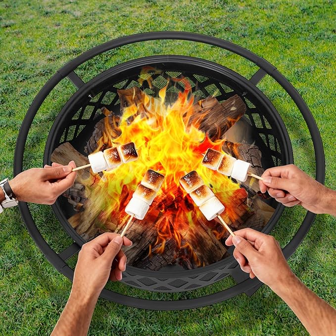 Outdoor Fire Pit 36 Inch Large Wood Burning with Lid Poker, Heavy Duty Round BBQ Firepit & Cold Rolled Steel for Outside, Patio, Picnic, Party