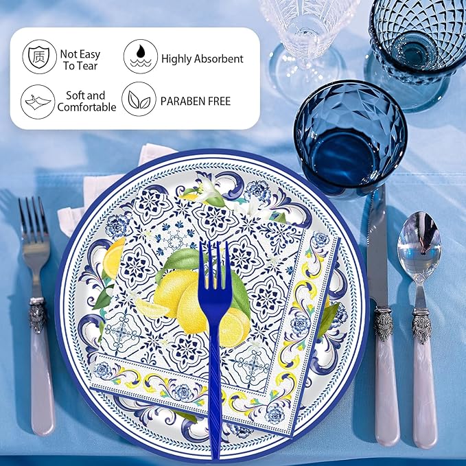 72 Pcs Lemon Paper Plates and Napkins Party Supplies , Blue Tiles Yellow Lemon Party Decorations Disposable Party Plates and Napkins Tableware Set for Birthday Wedding Baby Showe Serves 24 (Lemon)