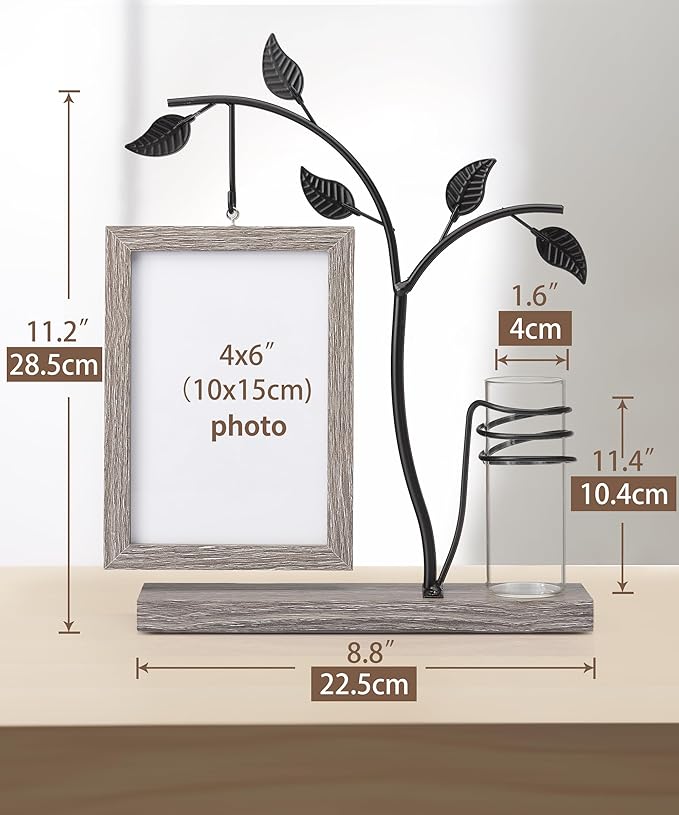 Afuly 4x6 Picture Frame Family Picture Frames with Glass Bud Vase for Plants Flowers, Rustic Floating Frame with Double Glass Tabletop Display Anniversary Wedding Mothers Day Birthday Gifts