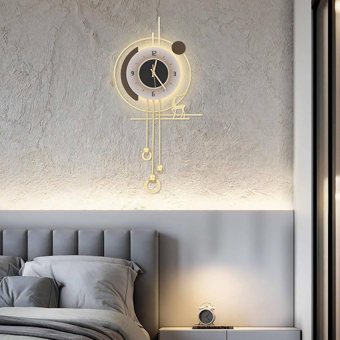 Wall Clock for Living Room, Large Gold Wall Clock with LED Light, Modern Decor Silent Non-Ticking Metal Clock for Living Room, Kitchen, Dining Room, Bedroom, Battery Operated,13.78 * 27.56in