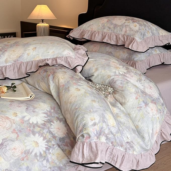 HighBuy Linen Duvet Cover Full Size,Farmhouse Purple Floral Bedding Comforter Cover with 2 Ruffle Lace Pillowcases,Chic Cottagecore Natural French Yarn-Dyed Cotton with Zipper Closure,Full