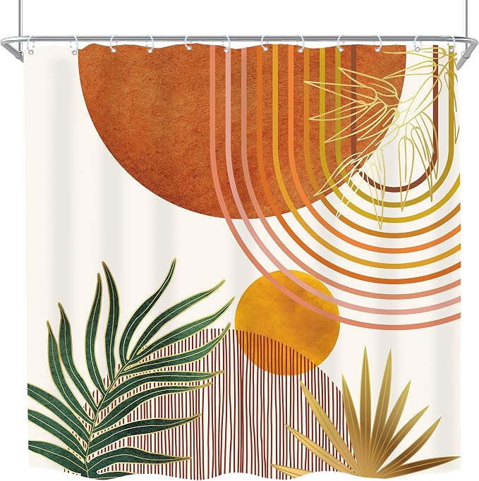 KOMLLEX Mid Century Orange Boho Shower Curtain 72Wx72L Inches Abstract Modern Shower Curtains for Bathroom Decor Plant Botanical Minimalist Arch Sun Fabric Liner Waterproof Polyester 12 Pack Hooks