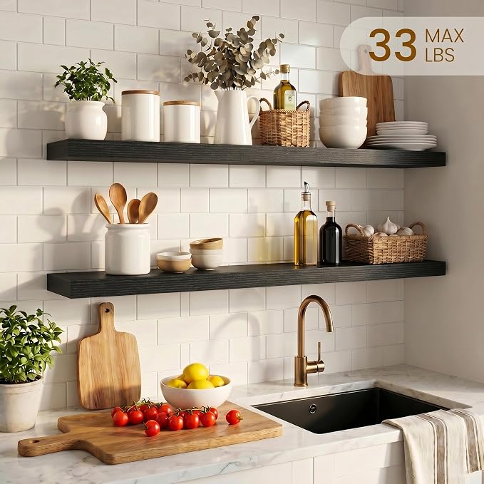 Dreamland 32inch Floating Shelves for Wall, Rustic Black Floating Shelves for Bathroom|Bedroom|Kitchen, Deep Wall Mounted Book Shelf, Wood Storage Display Shelf for Home Decor, Set of 2