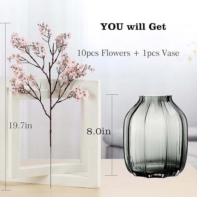 JAKY-Global Babys Breath Silk Artificial Flowers Bulk with Vase 10pcs Fall Decor Fake Flower Bouquet Bulk for Home Indoor Floral Arrangement Table Centerpieces Party Decor(Autumn Pink with Vase)