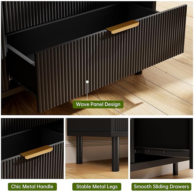 GarveeHome Black Wave Fluted 5 Drawer Dresser for Bedroom, Modern Wood Chest of Drawers with Wide Drawers, Closet Dresser Organizer with Anti-Tipping Device and Metal Legs for Hallway Entryway