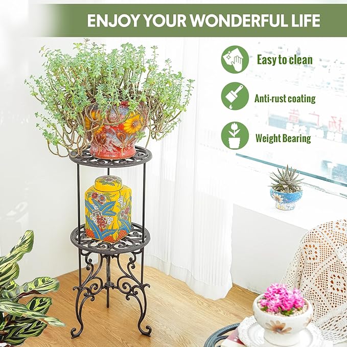 Sungmor Heavy Duty Cast Iron Potted Plant Stand,26-Inch 2 Tiers Metal Planter Rack,Decorative Flower Pot Holder,Vintage & Rustic Style Indoor Outdoor Garden Pots Container Supports