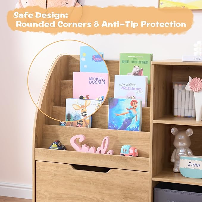 Kids Bookshelf and Toy Storage, Toy Storage Organizers with Movable Drawers & 3 Storage Bins, Kids Reading Nook Toy Organizers Shelf with 5 Cubbies, Natral Wood